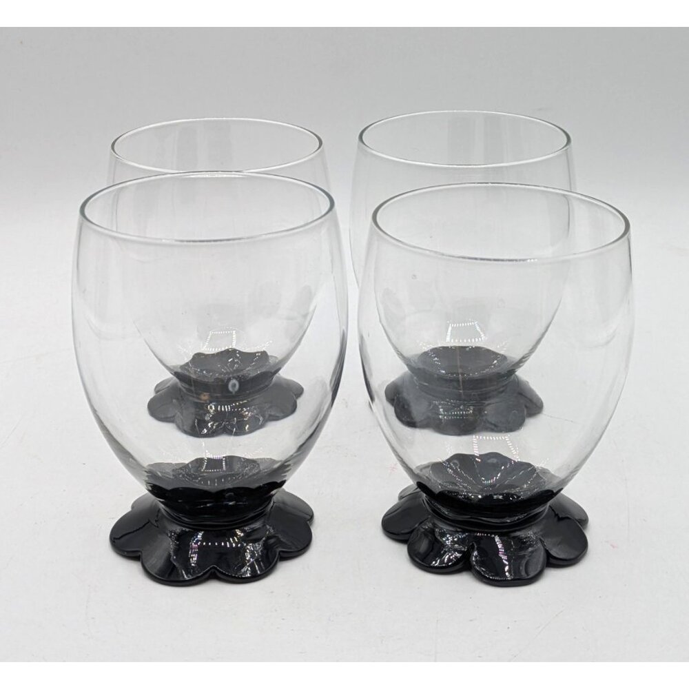 Vintage Weston Glass Footed Tumbler Set of 4 Black Lily Pad Foot Base 9 oz